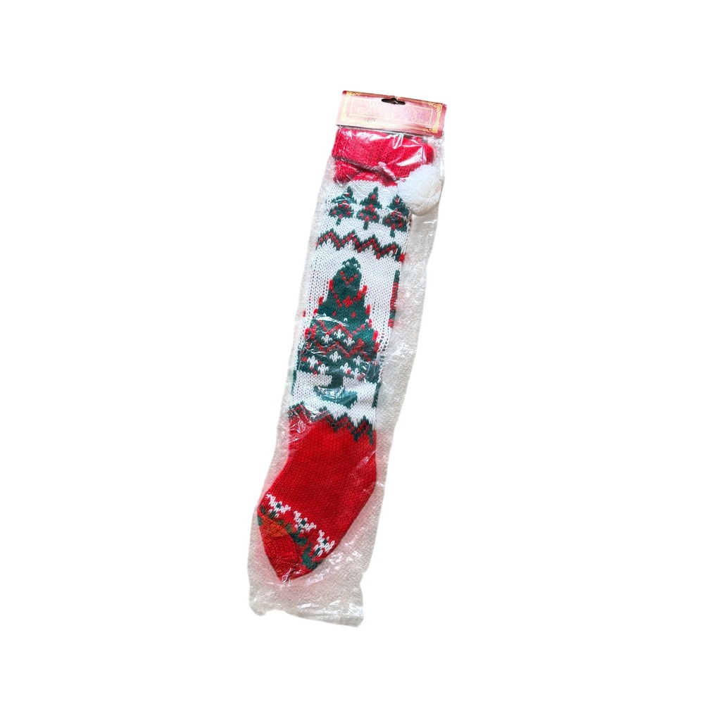 Windsor Collection Knit Christmas Stocking Red White Green Tree Pom Pom NIP